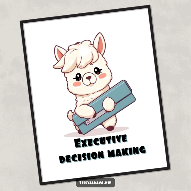 Funny poster art capturing a silly alpaca with floppy ears comically losing a battle with a large stapler, bringing office humor to walls.