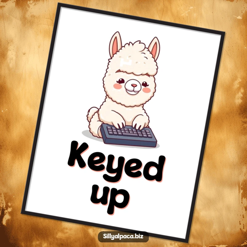 Funny poster art of a fluffy alpaca typing on a tiny keyboard, celebrating the joys of digital creation with whimsical humor.