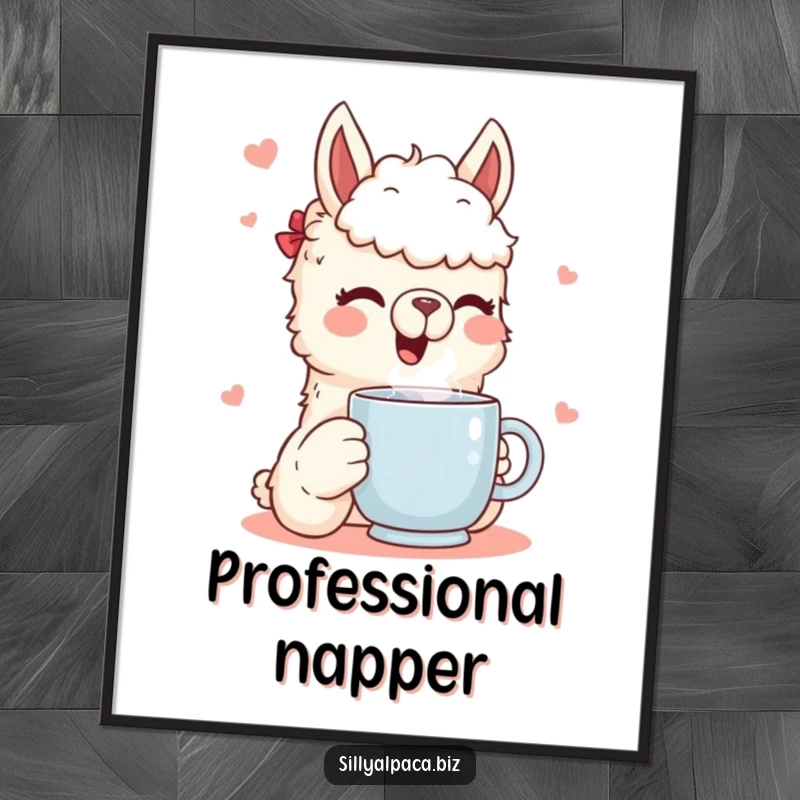 Funny poster displaying a content alpaca character joyfully drinking from a steaming mug, creating a warm, humorous, and inviting atmosphere.