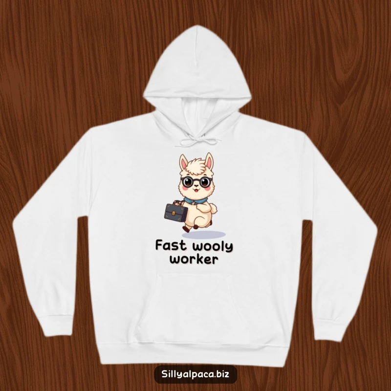 Funny Busy Alpaca Briefcase Hoodie depicting a hurried alpaca character carrying a briefcase, great for comfy, motivated wear.