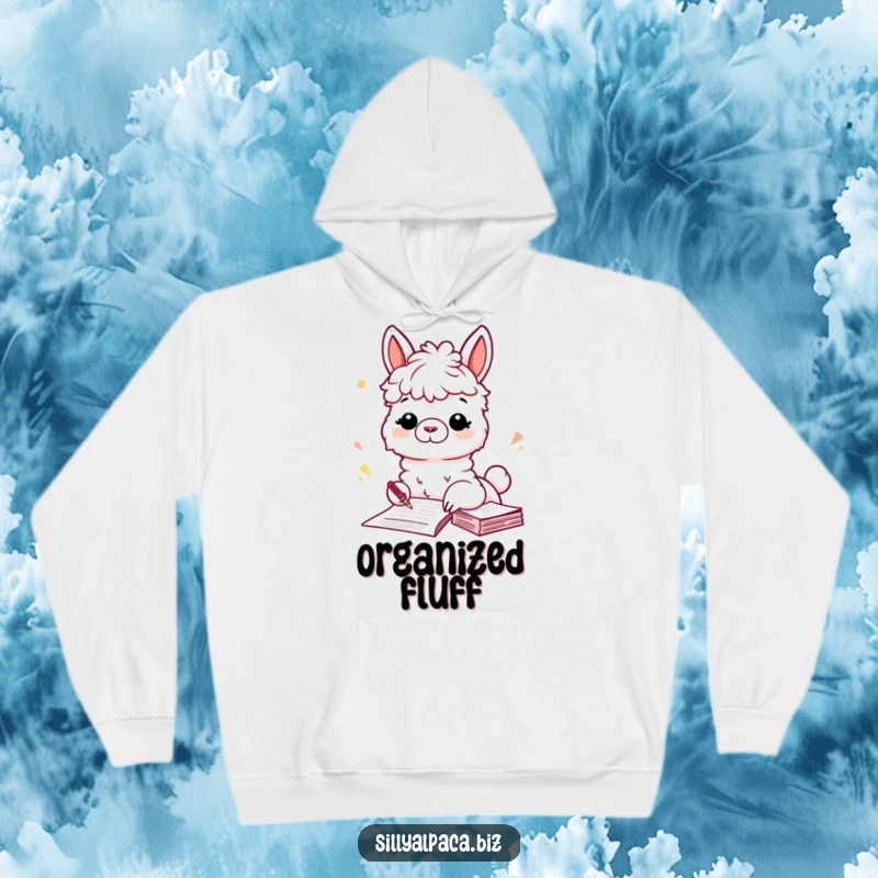 Funny hoodie featuring a playful alpaca character filing papers, offering cozy warmth and a touch of humorous, organizational flair.
