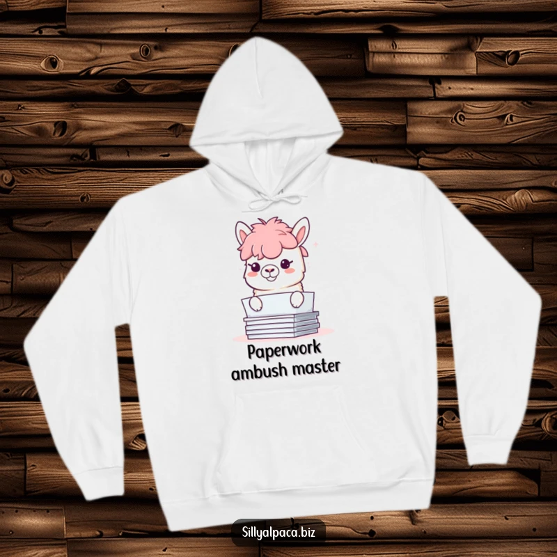 Funny hoodie featuring a mischievous alpaca hiding behind a stack of papers, with a playful, grinning expression.