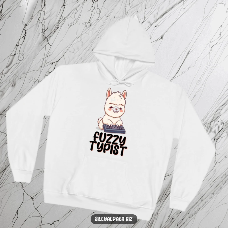 Funny hoodie featuring a fluffy alpaca character typing on a tiny keyboard, providing cozy warmth and a touch of humorous, tech-inspired style.