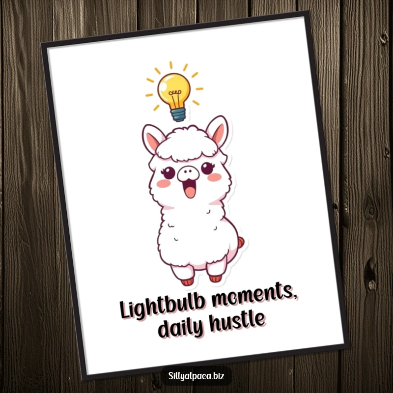 Funny Free Printable wall art of an excited alpaca with a glowing lightbulb above its head, celebrating a moment of inspiration.