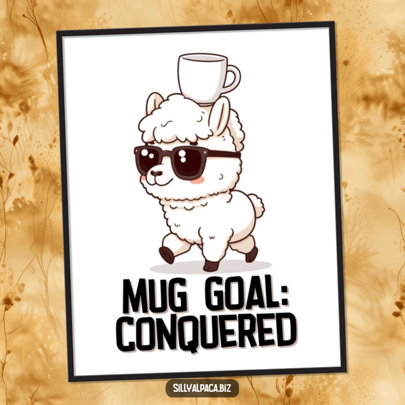 Funny Free Printable Wall Art: Determined alpaca marching with coffee balanced on its head, inspirational and quirky.