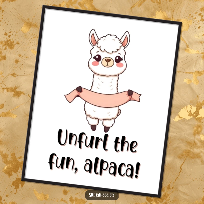 Funny Free Printable Wall Art: A happy alpaca character joyfully unfurling a long, colorful banner with a wide smile.