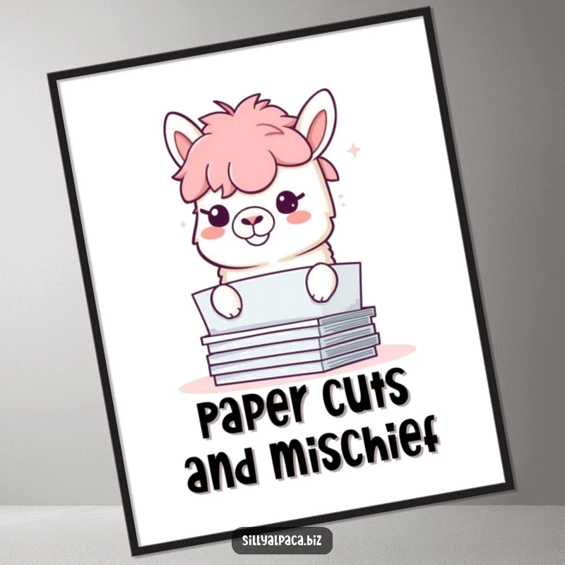 Funny Free Printable Wall Art: Playful alpaca with a mischievous grin hiding behind a large stack of papers.
