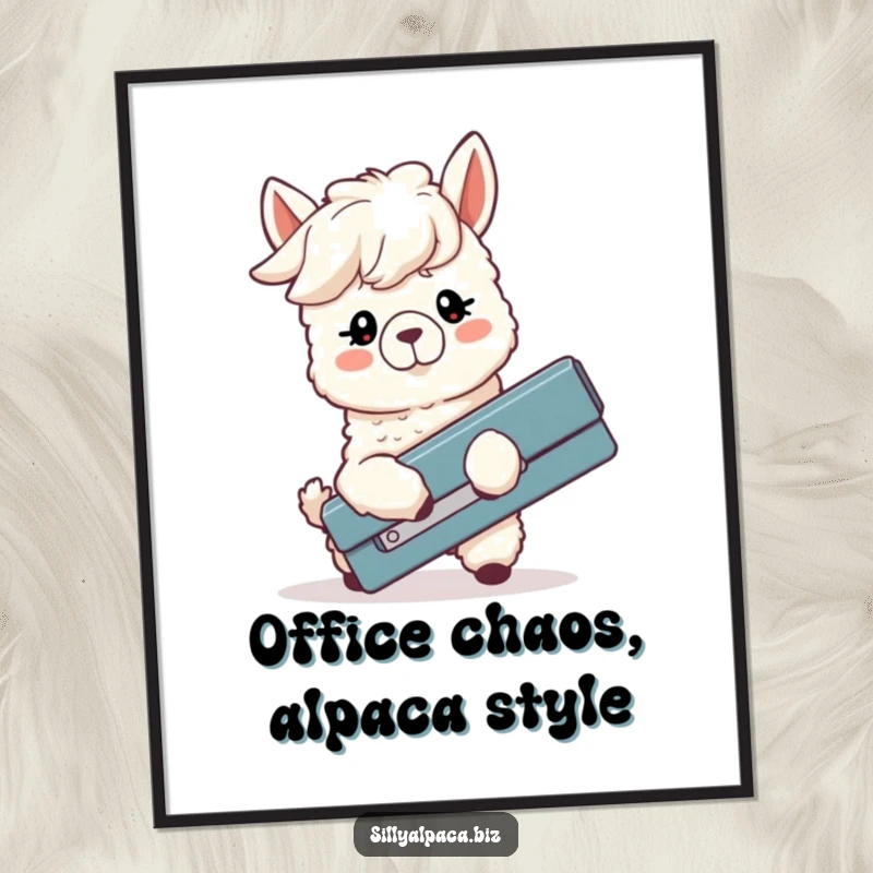 Funny Free Printable Wall Art: Silly alpaca hilariously fumbling with a comically large stapler, quirky decor.