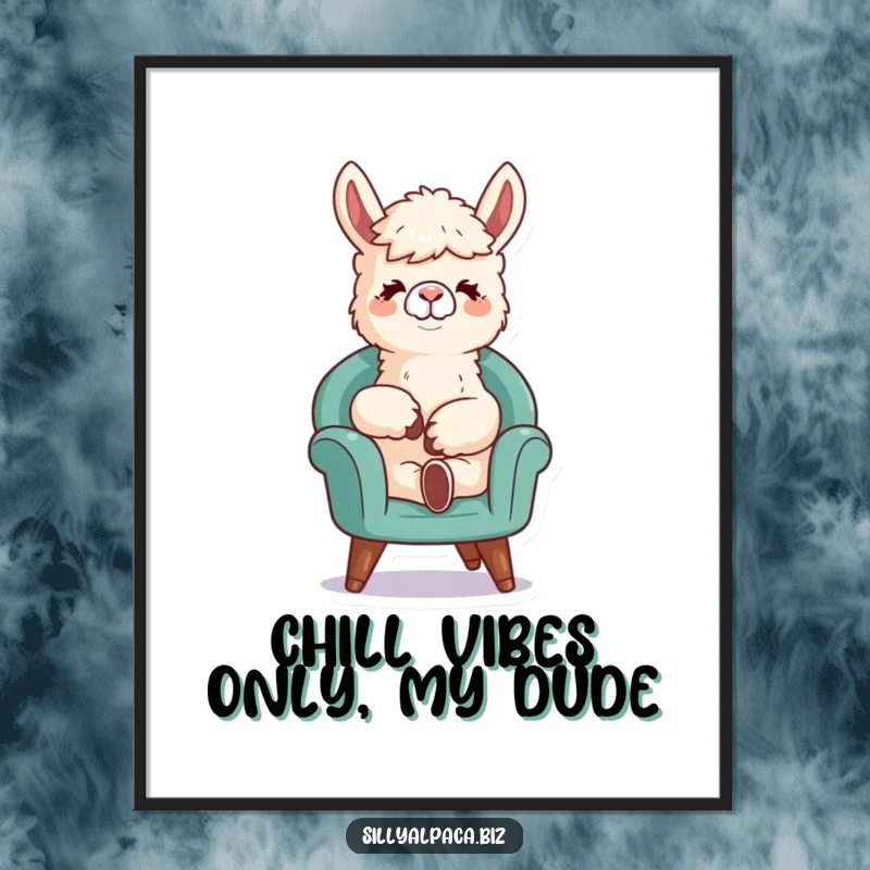 Funny Free Printable wall art of a relaxed alpaca character leaning back in a tiny chair, exuding maximum chill and quirky charm.