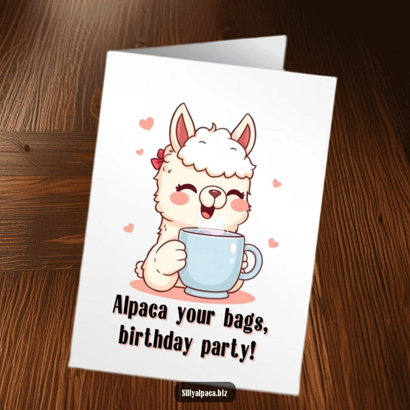 Funny Free Printable Birthday Card: Smiling alpaca character gleefully drinking from a steaming coffee mug, radiating warmth and humor.