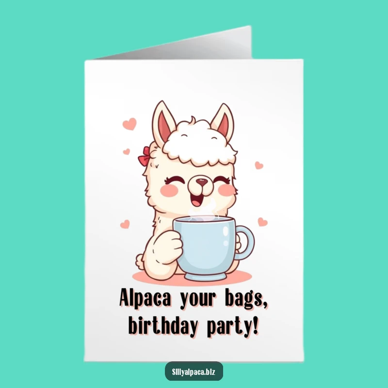Free Printable Birthday Card: Funny Alpaca Mug Design, Hilarious Coffee Lover Downloadable.