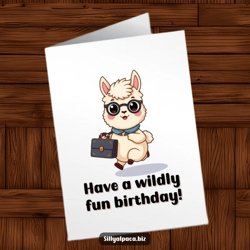Funny Free Printable Birthday Card: A busy alpaca character in a suit, rushing with a briefcase, ready for the day.