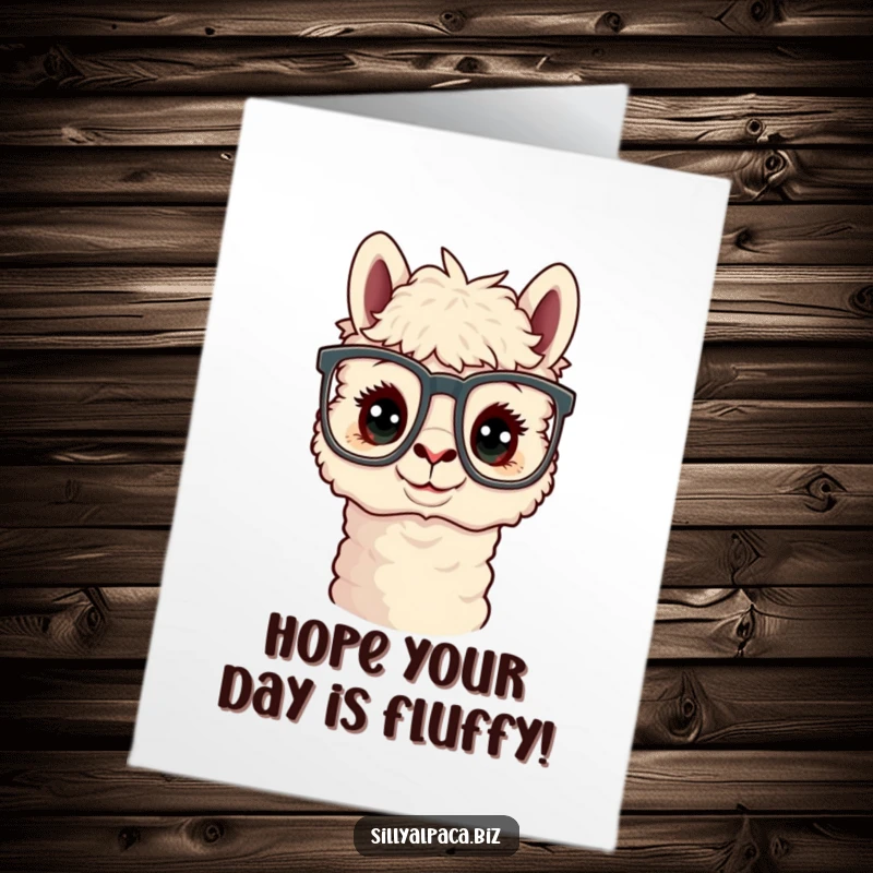 Funny Free Printable Birthday Card: A curious alpaca wearing oversized office glasses, peering intently.