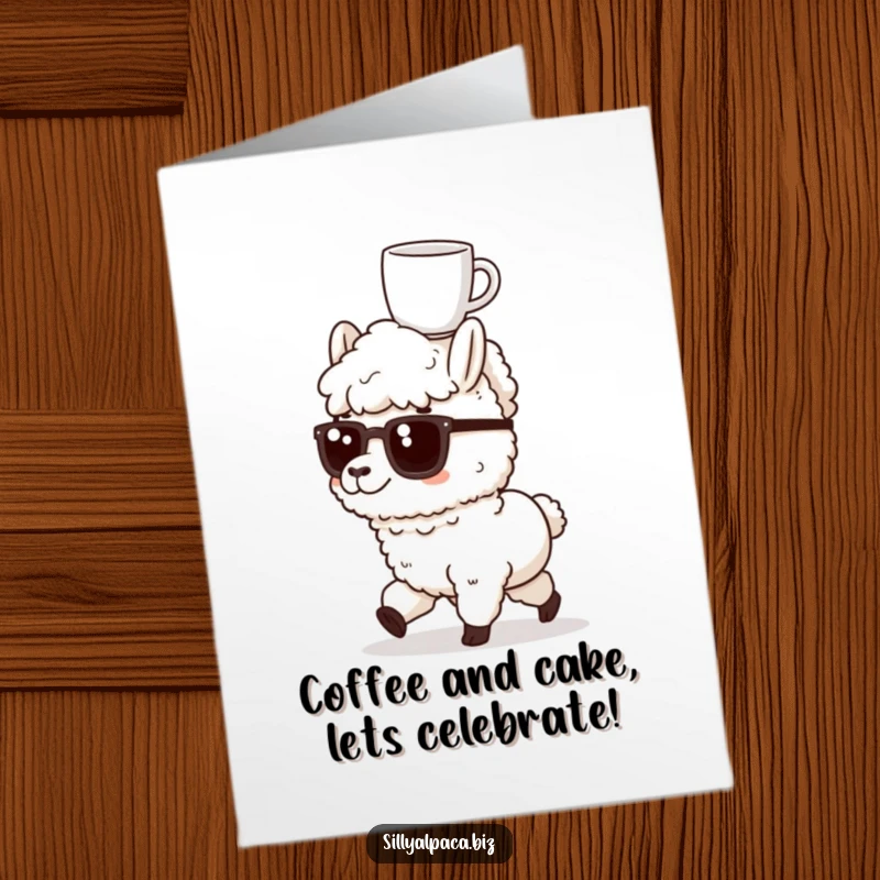 Funny Free Printable Birthday Card: Determined alpaca with coffee on head marches onward, a humorous birthday wish.