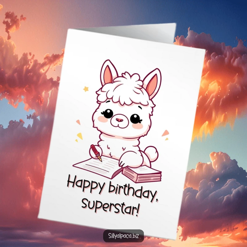Funny Free Printable Birthday Card featuring a playful alpaca character enthusiastically filing papers.