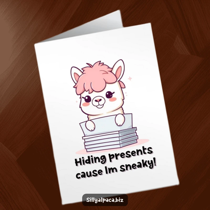 Funny Free Printable Birthday Card: Playful alpaca with a mischievous grin peeking from behind papers, birthday surprise.
