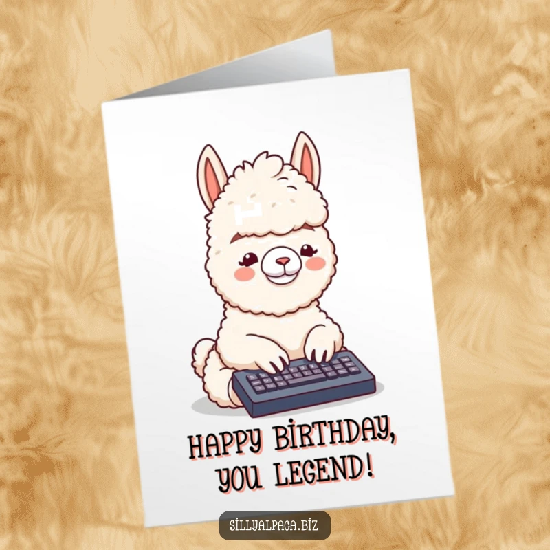Funny Free Printable Birthday Card featuring a fluffy alpaca happily typing on a tiny keyboard.