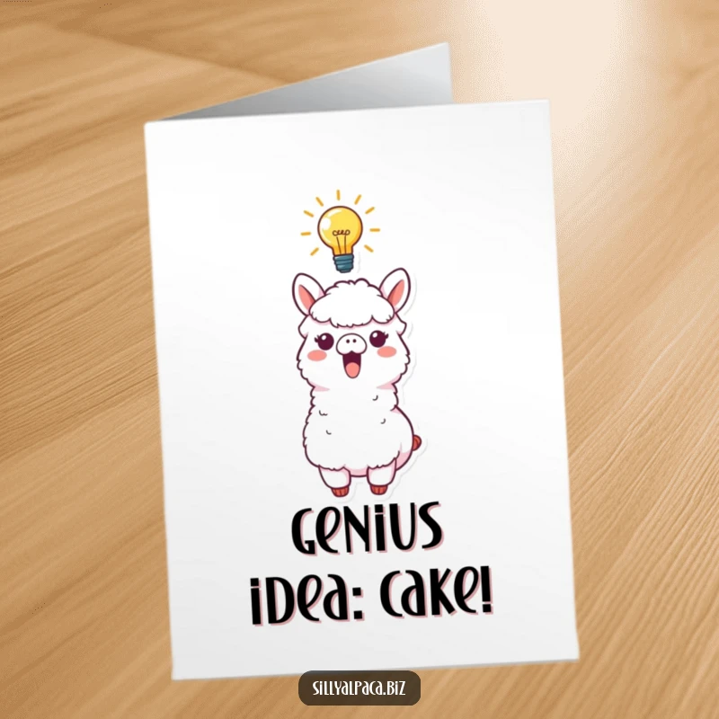 Funny Free Printable birthday card with an excited alpaca character, a glowing lightbulb above its head signifying a brilliant idea.