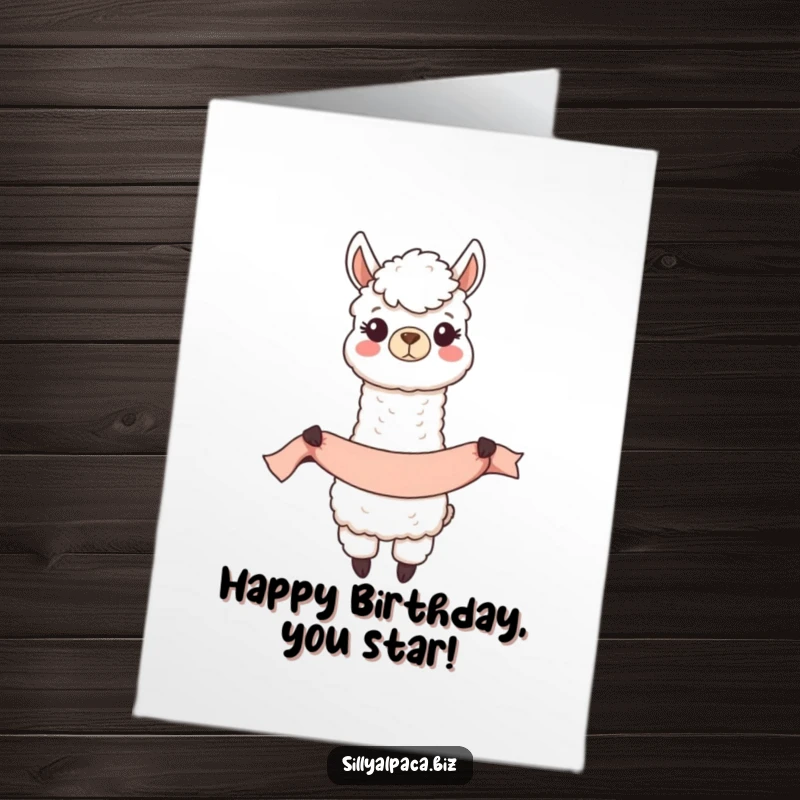 Funny Free Printable Birthday Card: A happy alpaca character joyfully unfurling a long celebratory banner.
