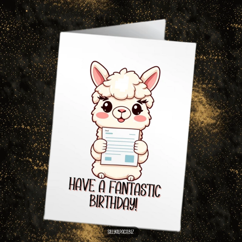 Funny Free Printable Birthday Card: A smiling alpaca character happily offering a vibrant, colorful document, symbolizing good news and cheer.