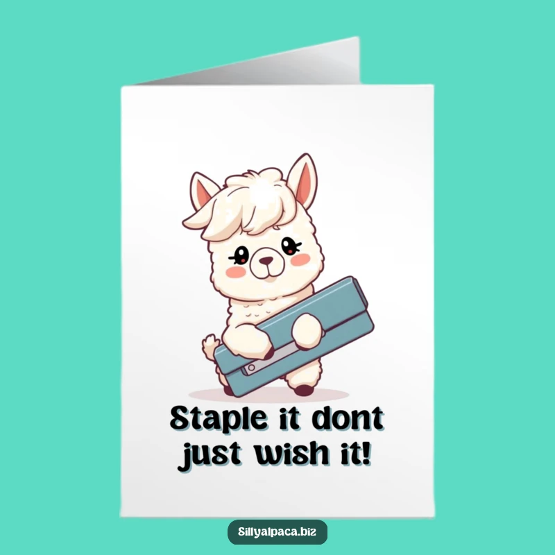 Free Printable Birthday Card: Silly Alpaca Stapler Struggles Funny Downloadable Gift