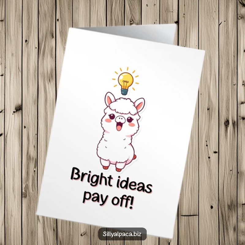 Funny Free Printable congratulations card, showing an excited alpaca with a glowing lightbulb above its head for a brilliant moment.