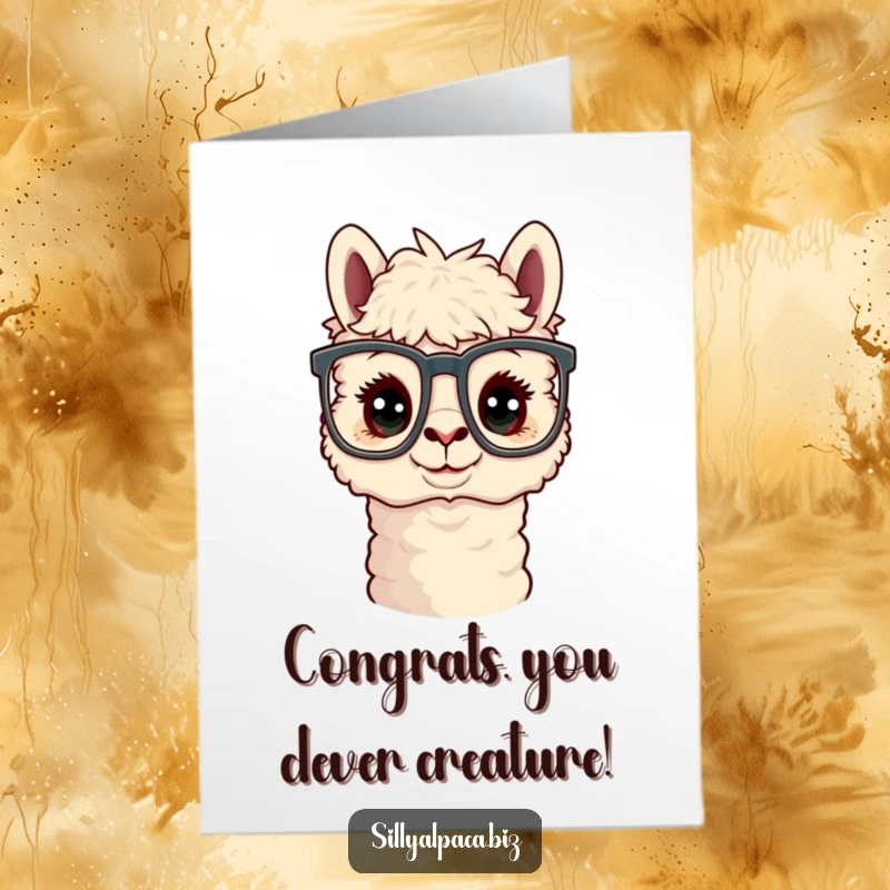 Funny Free Printable Congratulations Card: An inquisitive alpaca sporting large office glasses, perfect for celebrating success.