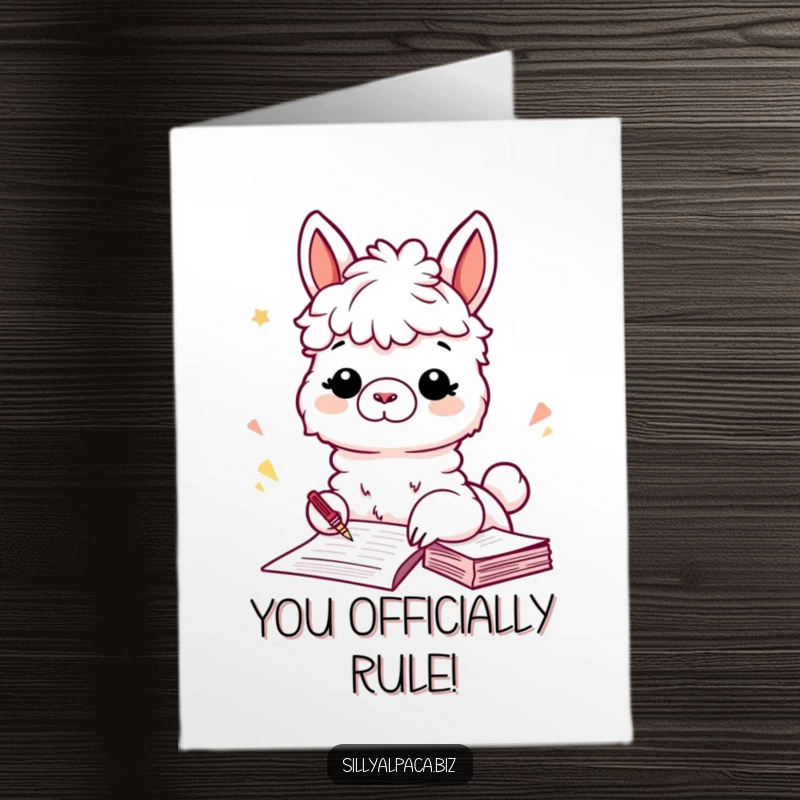 Funny Free Printable Congratulations Card with a playful alpaca enthusiastically filing papers in celebration.