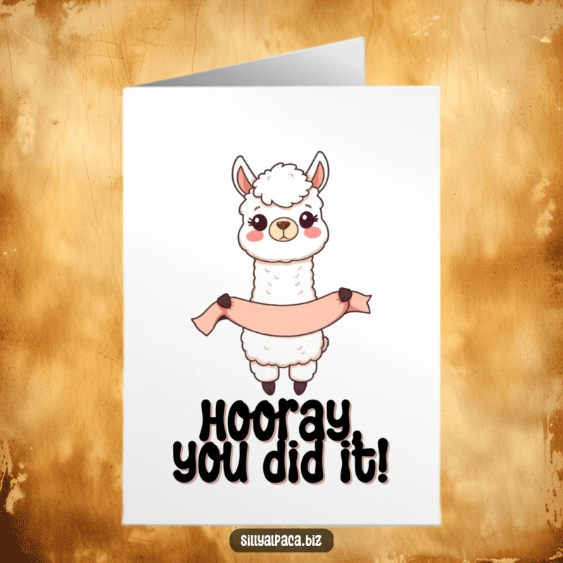 Funny Free Printable Congratulations Card: A happy alpaca character unfurling a long banner to announce wonderful news.