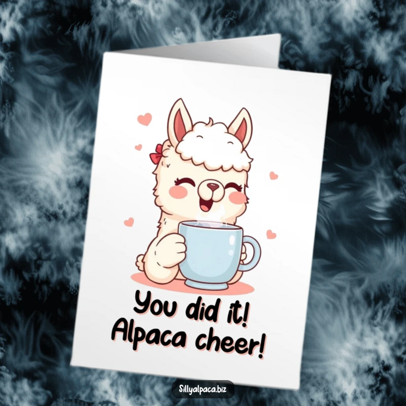 Funny Free Printable Congrats Card: Joyful alpaca character holding a steaming mug, celebrating success with a warm beverage and humor.