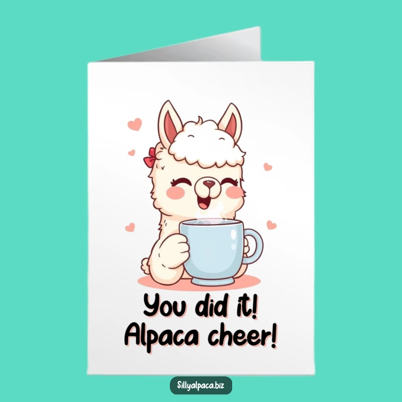 Free Printable Congrats Card: Amusing Alpaca Coffee Break, Humorous Downloadable Celebration.