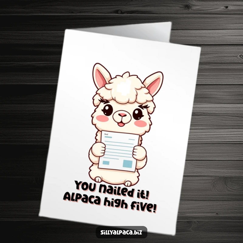 Funny Free Printable Congrats Card: An enthusiastic alpaca character presenting a bright, eye-catching document, celebrating achievements with humor.