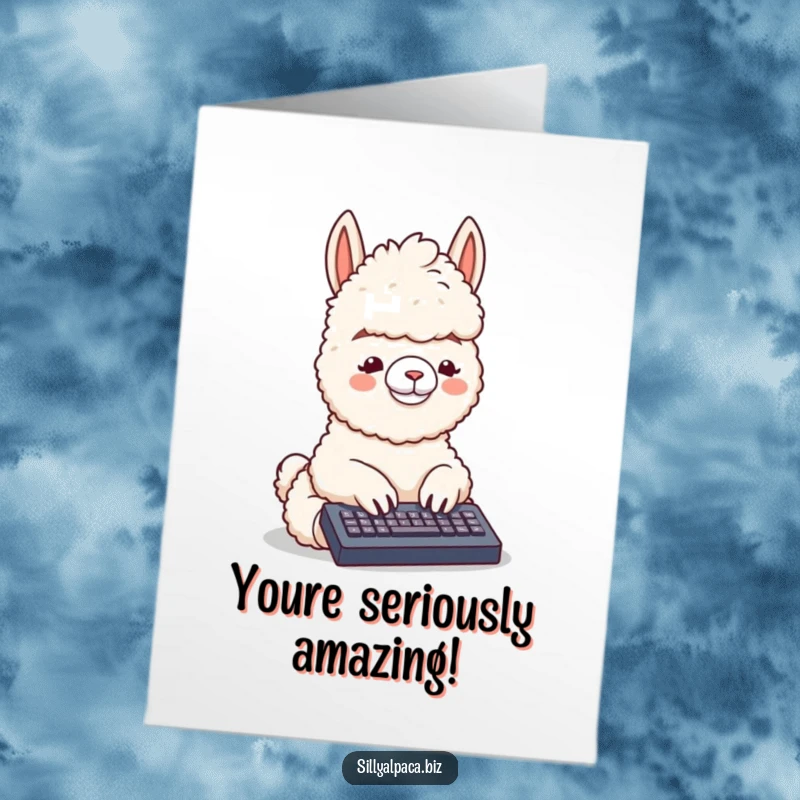 Funny Free Printable Congratulations Card with a fluffy alpaca typing, celebrating good news.