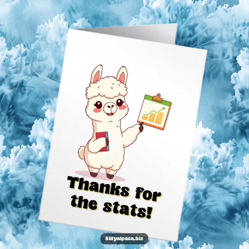 Funny Free Printable Thank You Card: A cheerful alpaca points enthusiastically at a tiny chart, expressing thanks.