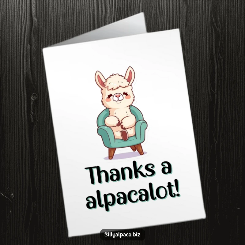 Funny Free Printable thank you card featuring a relaxed alpaca lounging in a tiny chair, conveying gratitude with a cool attitude.