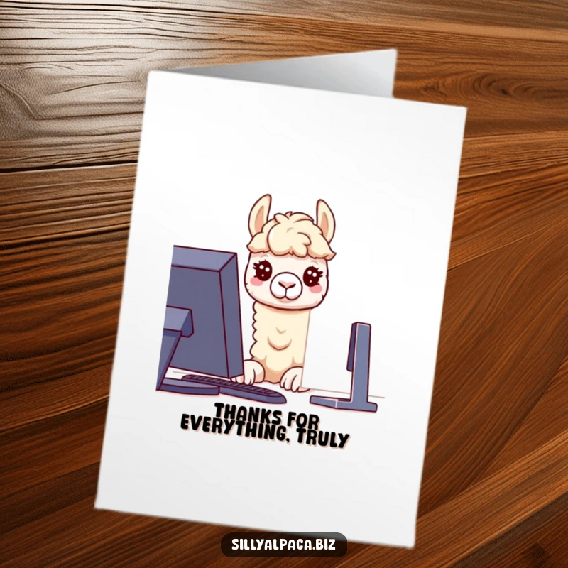 Funny Free Printable Thank You Card: A bewildered alpaca character intently peering at a glowing computer screen, expressing thanks with tech intrigue.