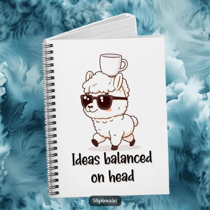 Funny notebook with a determined alpaca marching forward, a coffee mug balanced on its head, encouraging focused writing.