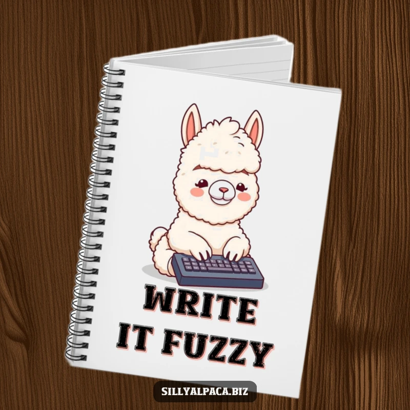 Funny notebook with a fluffy alpaca typing on a tiny keyboard, ideal for jotting down notes and ideas with a touch of tech humor.