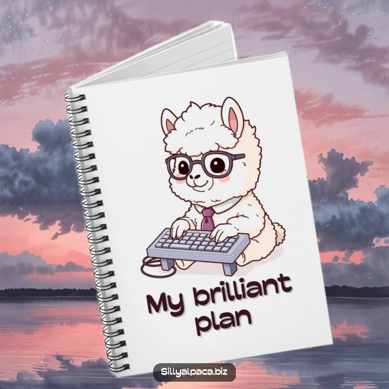 Funny alpaca notebook cover with a fluffy alpaca in a tie and glasses typing rapidly on a miniature keyboard, perfect for notes and planning.