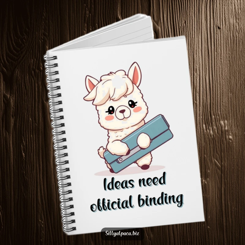 Funny notebook decorated with a silly alpaca with droopy ears humorously battling a big stapler, encouraging funny notes.