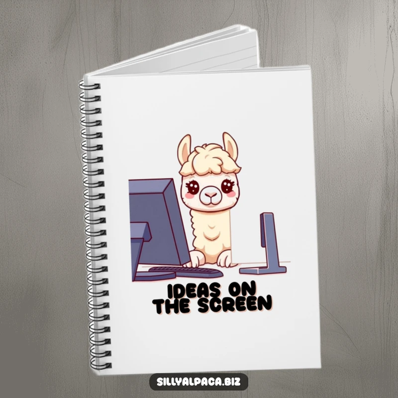 Funny notebook cover with a curious alpaca character intently looking at a computer screen, inspiring tech-related notes and creativity.