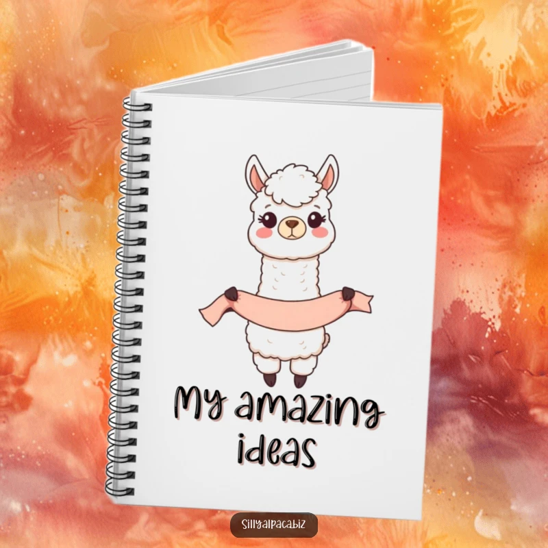 Funny Happy Alpaca Banner Notebook featuring a joyful alpaca character unfurling a long banner, perfect for journaling.