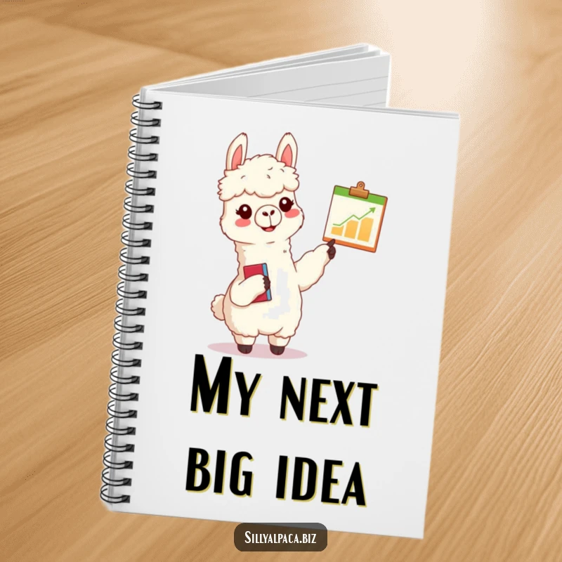 Funny alpaca notebook cover with a cheerful alpaca with a clipboard enthusiastically pointing at a tiny chart, perfect for notes and planning.