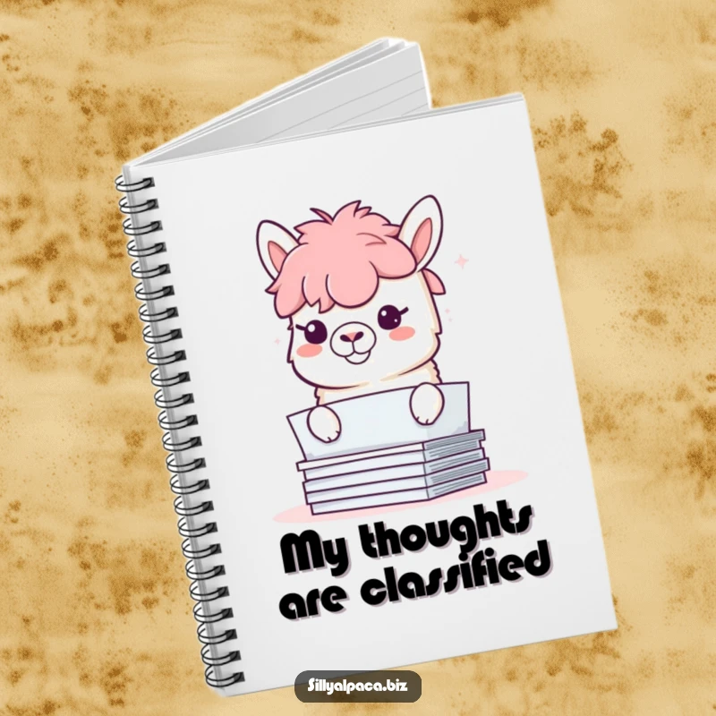 Funny notebook with a mischievous alpaca peeking from behind papers, its grin encouraging creative and playful note-taking.
