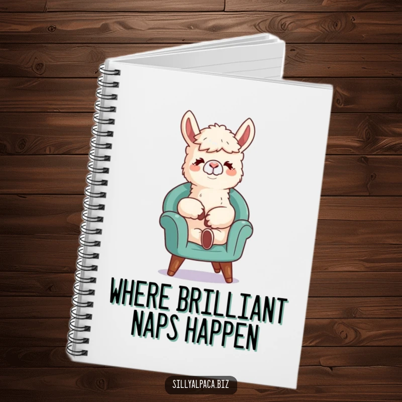 Funny notebook with a relaxed alpaca character in a tiny chair, ideal for jotting down ideas with a humorous and chill vibe.