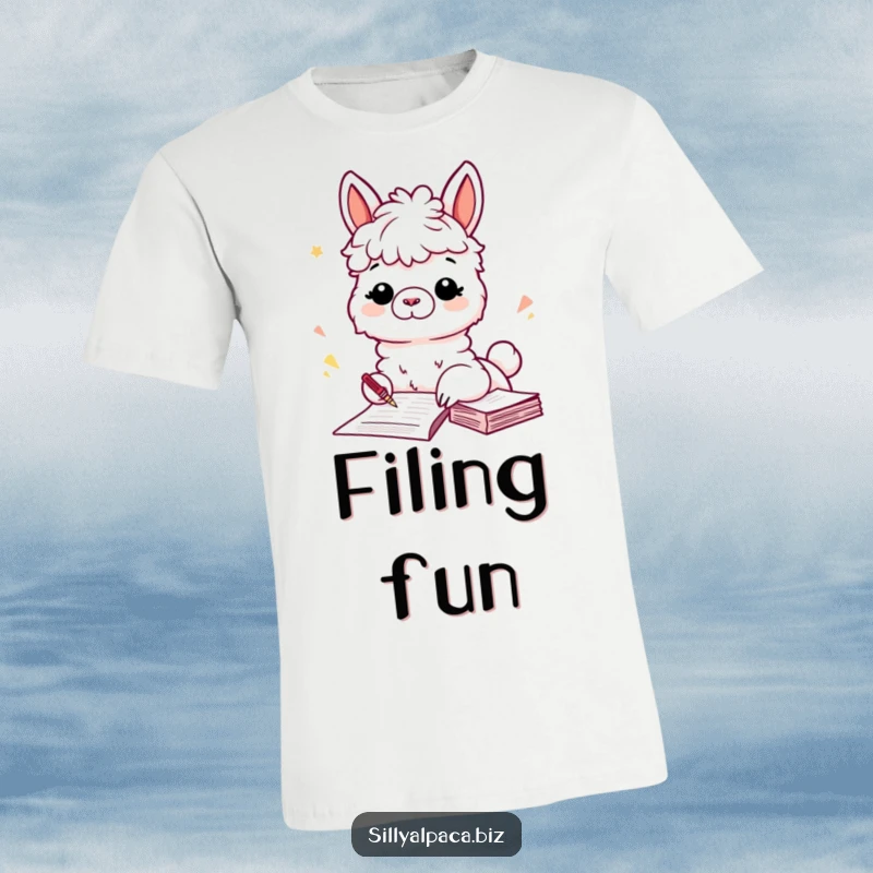 Funny T-Shirt: A playful alpaca character energetically filing documents, depicting a love for order and efficiency with a humorous touch.