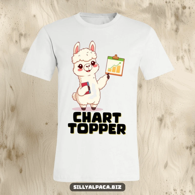 Funny alpaca t-shirt of a cheerful alpaca with a clipboard enthusiastically pointing at a tiny chart, great for presentation humor.