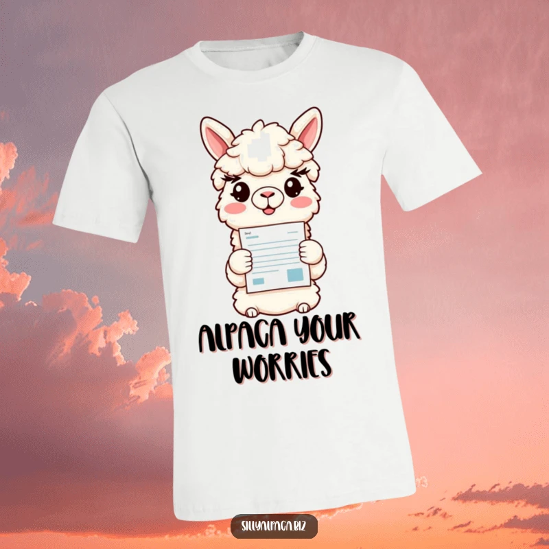 Funny t-shirt showing a smiling alpaca character happily offering a vibrant, colorful document, representing a positive and clear presentation.