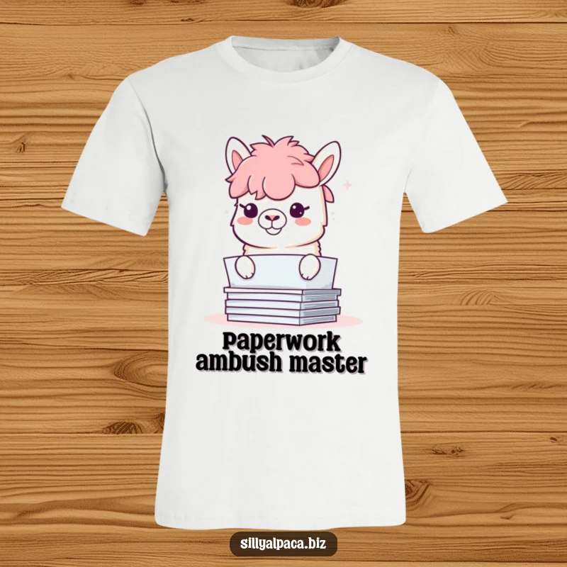 Funny t-shirt with a playful alpaca peeking from behind a pile of papers, sporting a mischievous grin.