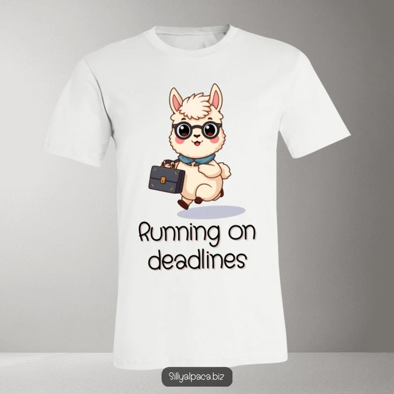 Funny Busy Alpaca Briefcase T-Shirt featuring a determined alpaca character rushing with a briefcase, symbolizing ambition.